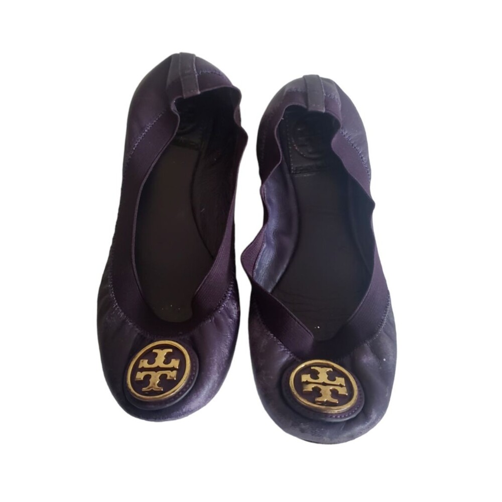 Tory Burch Ballet Flat Shoes Sz 5M Wild Plum Leather Large Tori Burch Logo
